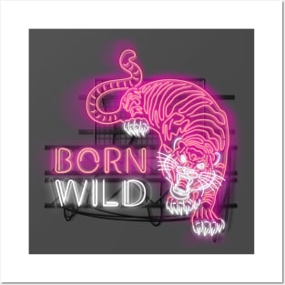 Born Wild - Glowing Neon Sign with Tiger and Text - PINK Posters and Art